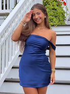 Mel | Navy Blue - Off The Shoulder A Line Satin Short Homecoming Dress