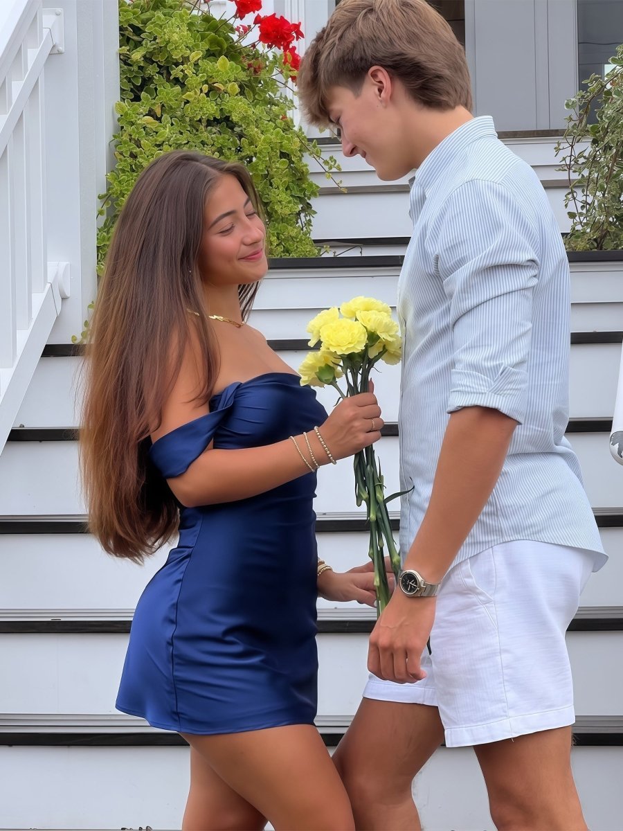 Mel | Navy Blue - Off The Shoulder A Line Satin Short Homecoming Dress