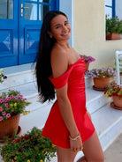 Mel | Red - Off The Shoulder A Line Satin Short Homecoming Dress