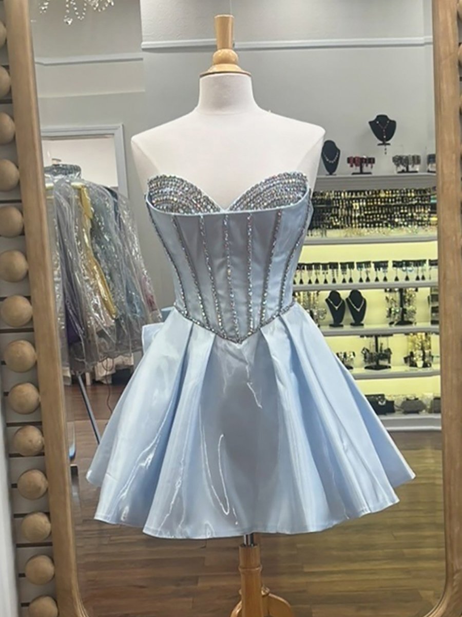 Melantha | Blue - Strapless  Satin A Line Beaded Homecoming Dress With Bow