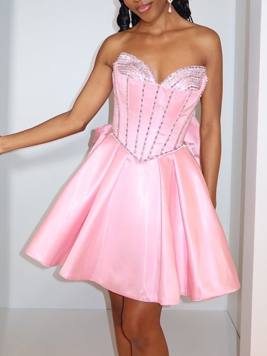 Melantha | Pink - Strapless  Satin A Line Beaded Homecoming Dress With Bow