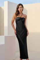 Melavine | Red - Halter Sheath Satin Long Formal Prom Dresses With Flower - KissProm