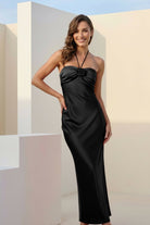 Melavine | Red - Halter Sheath Satin Long Formal Prom Dresses With Flower - KissProm