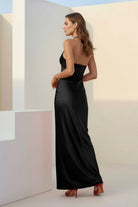 Melavine | Red - Halter Sheath Satin Long Formal Prom Dresses With Flower - KissProm