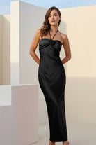 Melavine | Red - Halter Sheath Satin Long Formal Prom Dresses With Flower - KissProm