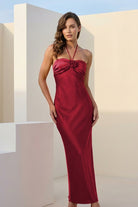 Melavine | Red - Halter Sheath Satin Long Formal Prom Dresses With Flower - KissProm