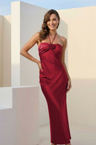Melavine | Red - Halter Sheath Satin Long Formal Prom Dresses With Flower - KissProm