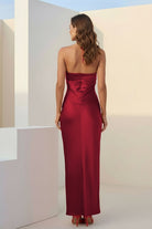 Melavine | Red - Halter Sheath Satin Long Formal Prom Dresses With Flower - KissProm