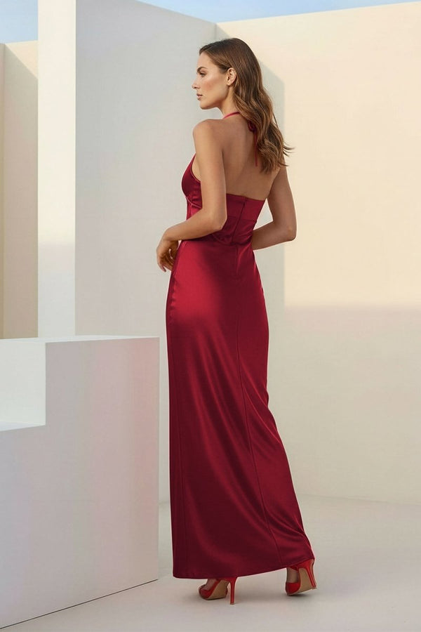 Melavine | Red - Halter Sheath Satin Long Formal Prom Dresses With Flower - KissProm