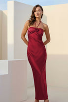 Melavine | Red - Halter Sheath Satin Long Formal Prom Dresses With Flower - KissProm