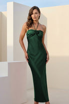 Melavine | Red - Halter Sheath Satin Long Formal Prom Dresses With Flower - KissProm