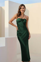 Melavine | Red - Halter Sheath Satin Long Formal Prom Dresses With Flower - KissProm