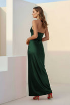 Melavine | Red - Halter Sheath Satin Long Formal Prom Dresses With Flower - KissProm