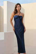 Melavine | Red - Halter Sheath Satin Long Formal Prom Dresses With Flower - KissProm