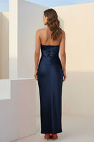 Melavine | Red - Halter Sheath Satin Long Formal Prom Dresses With Flower - KissProm