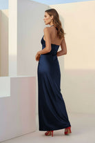 Melavine | Red - Halter Sheath Satin Long Formal Prom Dresses With Flower - KissProm
