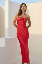 Melavine | Red - Halter Sheath Satin Long Formal Prom Dresses With Flower - KissProm