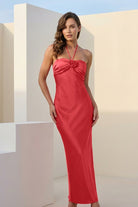 Melavine | Red - Halter Sheath Satin Long Formal Prom Dresses With Flower - KissProm