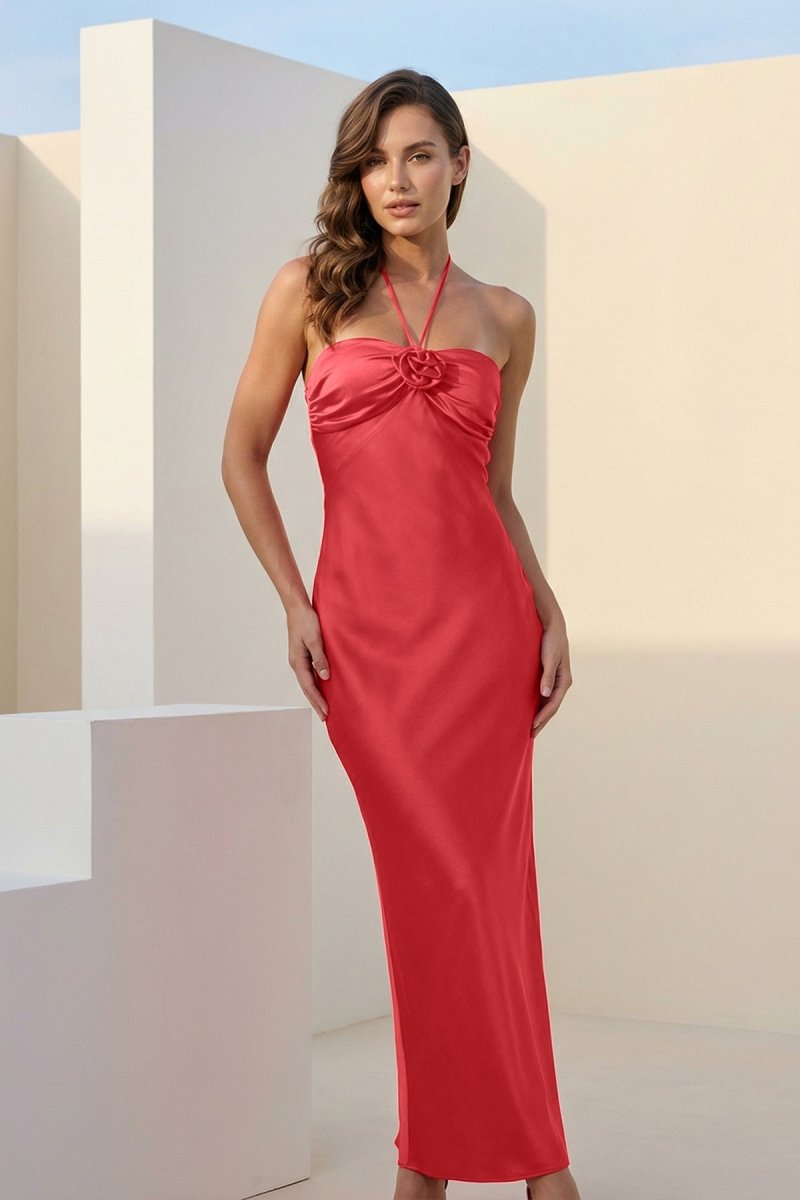 Melavine | Red - Halter Sheath Satin Long Formal Prom Dresses With Flower - KissProm