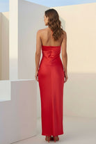 Melavine | Red - Halter Sheath Satin Long Formal Prom Dresses With Flower - KissProm
