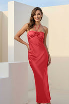 Melavine | Red - Halter Sheath Satin Long Formal Prom Dresses With Flower - KissProm