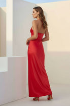 Melavine | Red - Halter Sheath Satin Long Formal Prom Dresses With Flower - KissProm