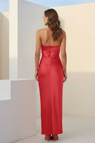 Melavine | Red - Halter Sheath Satin Long Formal Prom Dresses With Flower - KissProm