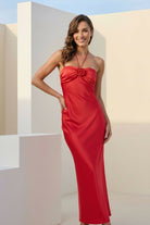 Melavine | Red - Halter Sheath Satin Long Formal Prom Dresses With Flower - KissProm