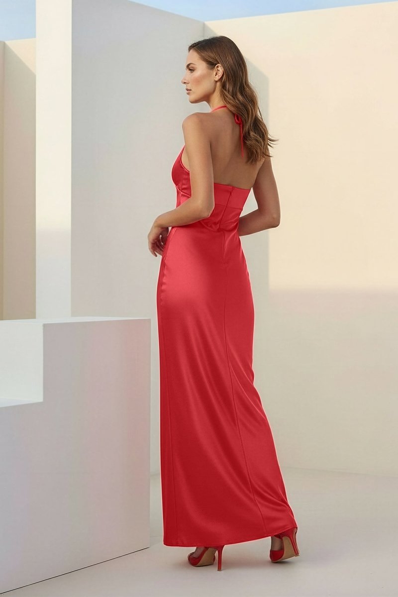 Melavine | Red - Halter Sheath Satin Long Formal Prom Dresses With Flower - KissProm