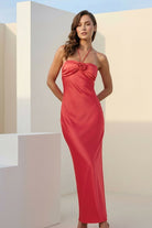 Melavine | Red - Halter Sheath Satin Long Formal Prom Dresses With Flower - KissProm