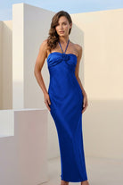 Melavine | Red - Halter Sheath Satin Long Formal Prom Dresses With Flower - KissProm