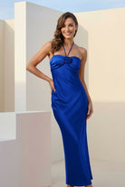 Melavine | Red - Halter Sheath Satin Long Formal Prom Dresses With Flower - KissProm