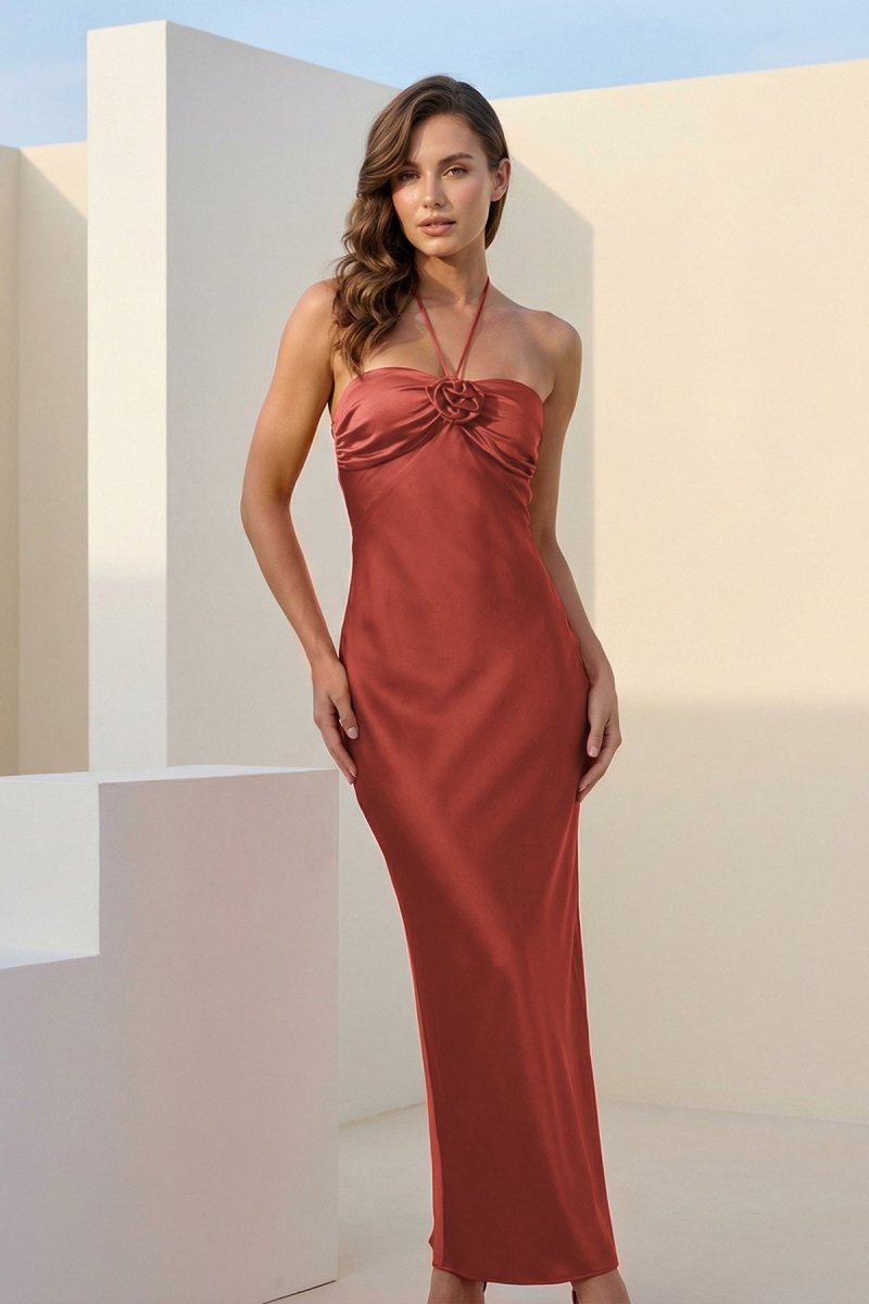 Melavine | Red - Halter Sheath Satin Long Formal Prom Dresses With Flower - KissProm