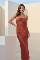 Melavine | Red - Halter Sheath Satin Long Formal Prom Dresses With Flower - KissProm