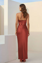 Melavine | Red - Halter Sheath Satin Long Formal Prom Dresses With Flower - KissProm