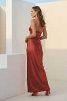 Melavine | Red - Halter Sheath Satin Long Formal Prom Dresses With Flower - KissProm