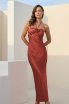 Melavine | Red - Halter Sheath Satin Long Formal Prom Dresses With Flower - KissProm