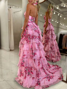Melinda | Pink A Line Hatler Floral Chiffon Tiered Long Prom Dress - KissProm