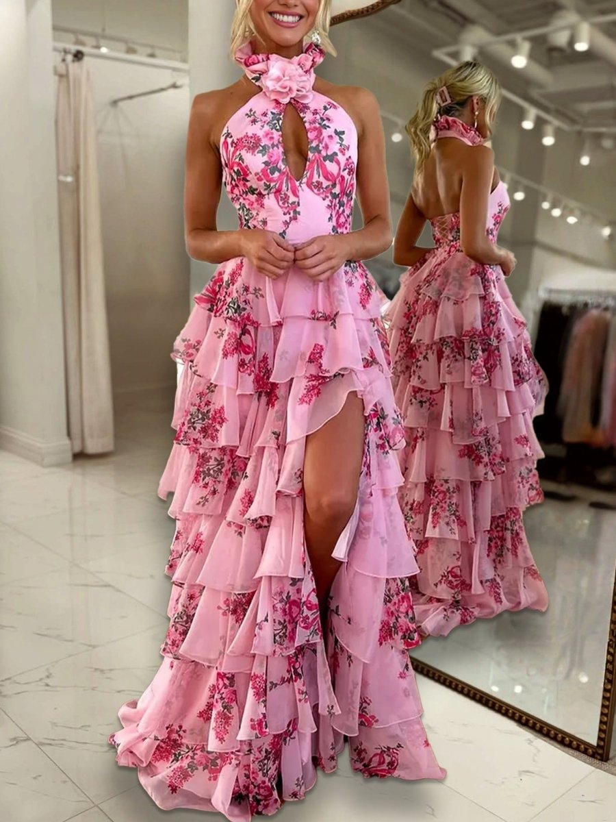 Melinda | Pink A Line Hatler Floral Chiffon Tiered Long Prom Dress - KissProm