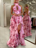 Melinda | Pink A Line Hatler Floral Chiffon Tiered Long Prom Dress - KissProm