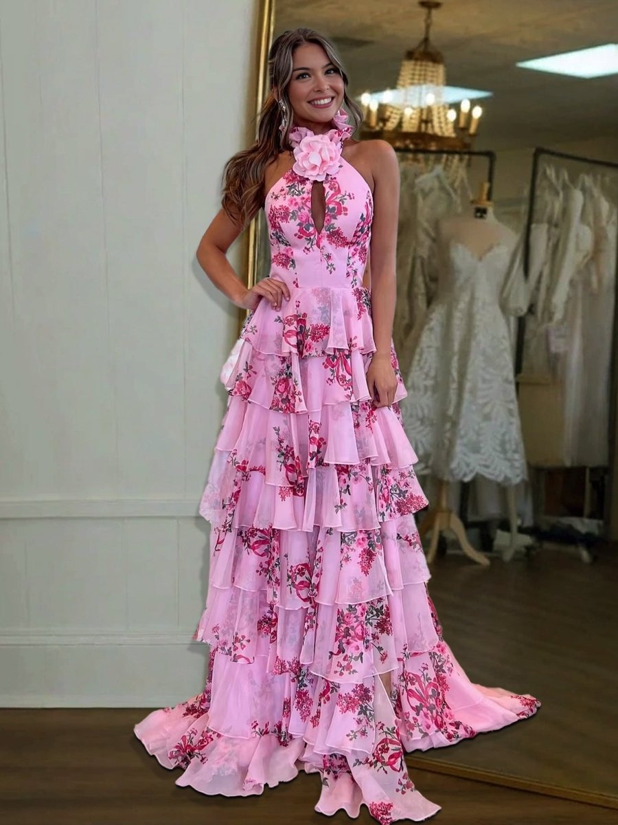 Melinda | Pink A Line Hatler Floral Chiffon Tiered Long Prom Dress - KissProm