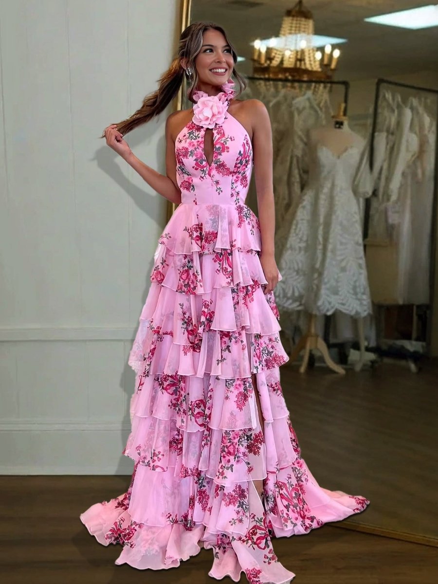 Melinda | Pink A Line Hatler Floral Chiffon Tiered Long Prom Dress - KissProm