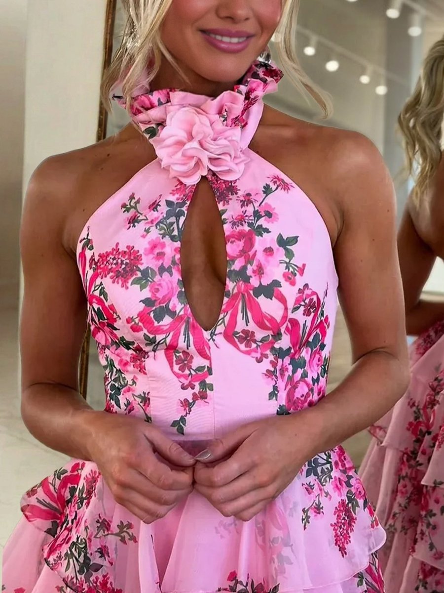 Melinda | Pink A Line Hatler Floral Chiffon Tiered Long Prom Dress - KissProm