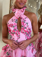 Melinda | Pink A Line Hatler Floral Chiffon Tiered Long Prom Dress - KissProm