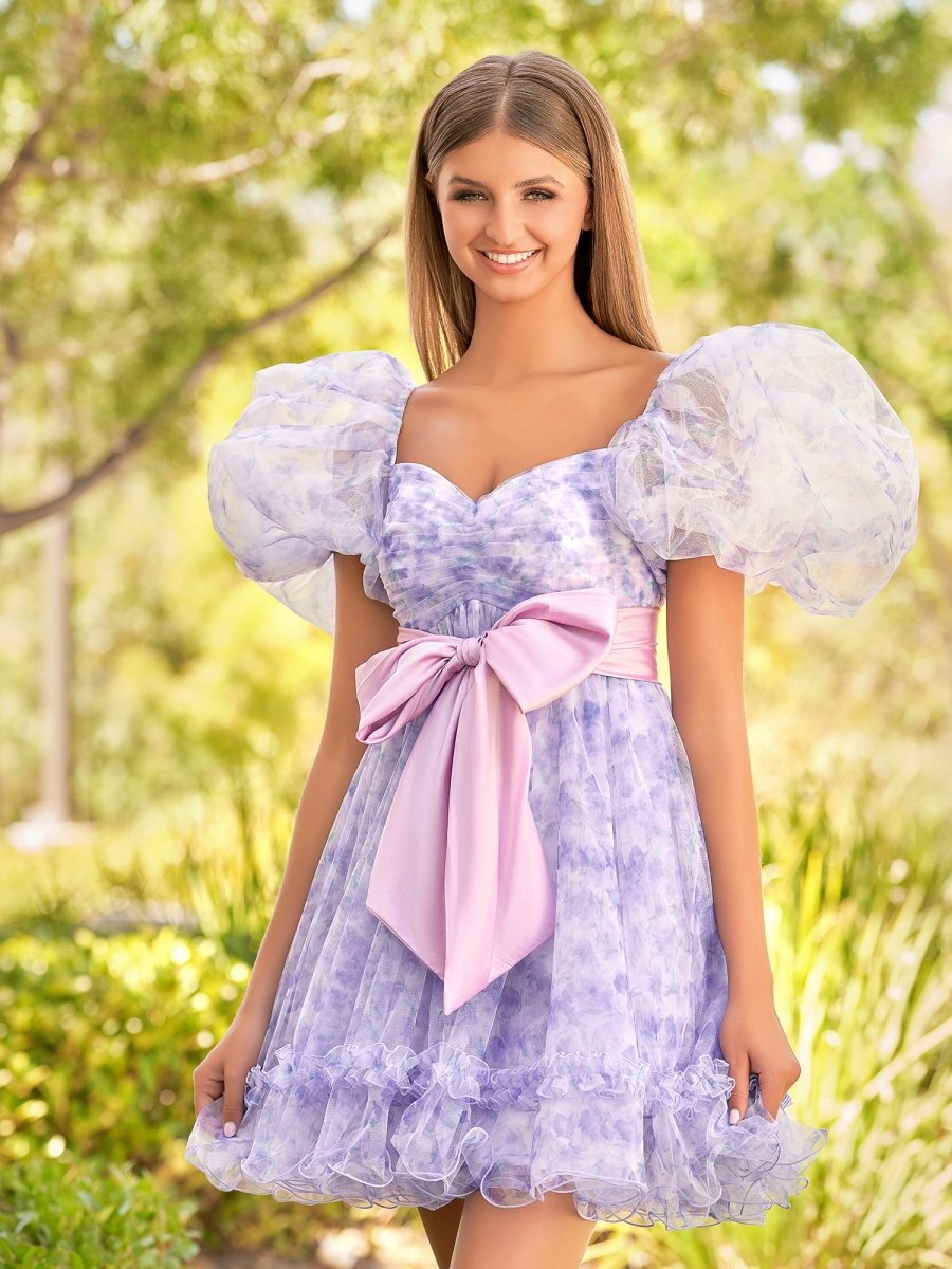 A-Line Sweetheart Lavender Short Homecoming Dress With Puff Sleeves, Lavender / 12