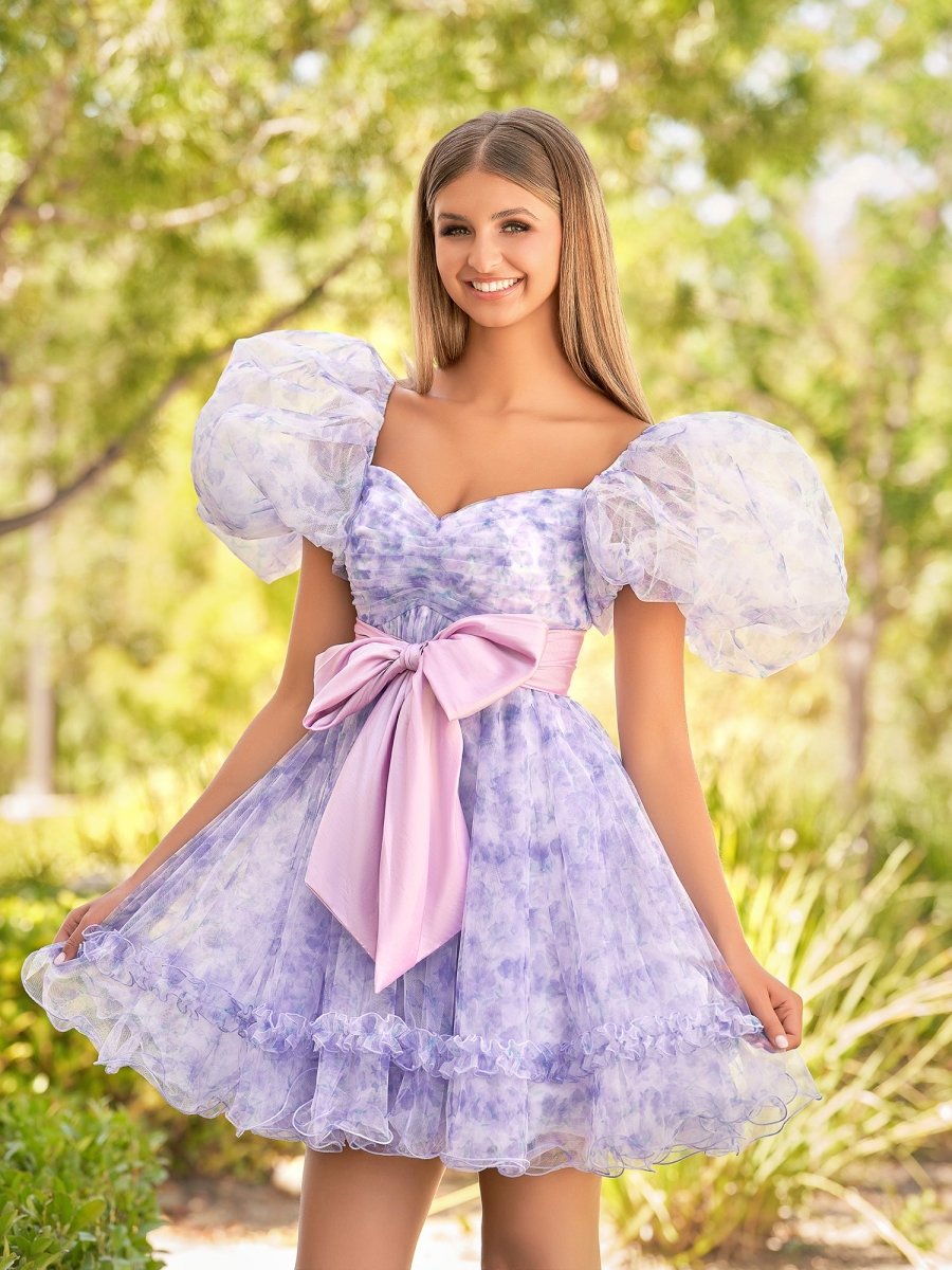 Meliora | A - Line Sweetheart Lavender Short Homecoming Dress With Puff Sleeves - KissProm