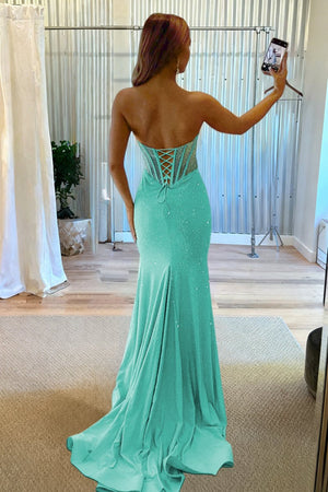 Melissia | Sky Blue - Strapless Mermaid Satin Beaded Long Formal Prom Dresses With Slit - KissProm