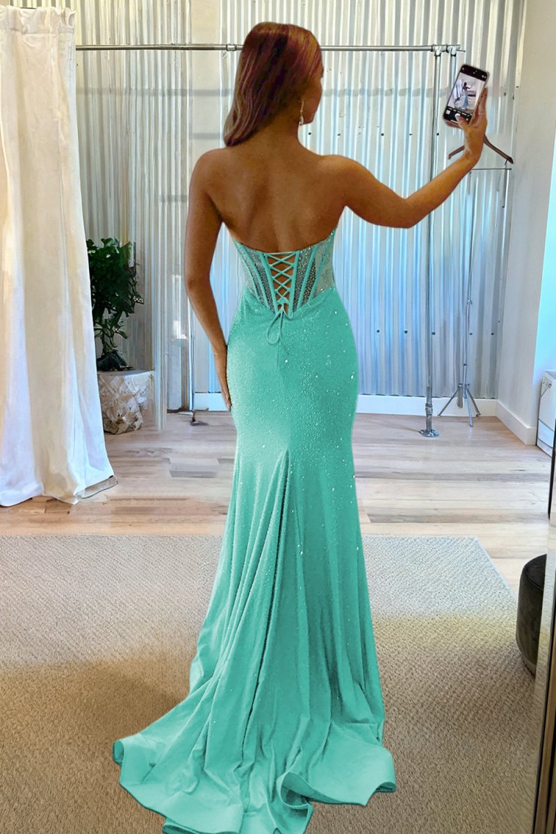 Melissia | Sky Blue - Strapless Mermaid Satin Beaded Long Formal Prom Dresses With Slit - KissProm