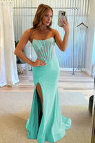 Melissia | Sky Blue - Strapless Mermaid Satin Beaded Long Formal Prom Dresses With Slit - KissProm