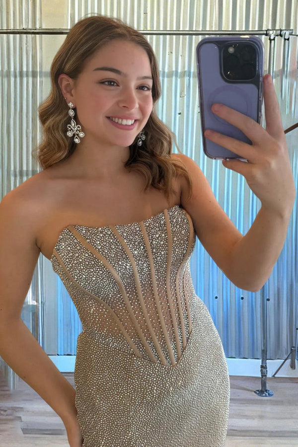 Melissia | Champagne - Strapless Mermaid Satin Beaded Long Formal Prom Dresses With Slit-KissProm